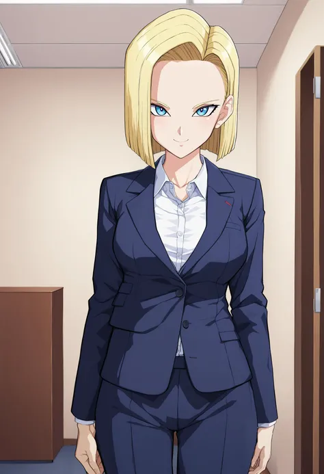 sysdeep_android18, 1girl, solo, breasts, looking_at_viewer, smile, short_hair, blue_eyes, blonde_hair, office_suit, indoor, <lora:Android 18 - [Dragonball] - XL Version 1:0.8>