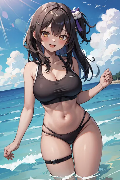 masterpiece, best quality, ultra-detailed, extremely detailed,illustration, 1girl, solo, aanaga, long hair, one side up, hair ornament, hairclip, (dark skin:1.3), sports bikini, sports bra, highleg, thigh strap, large breasts, thick thighs, looking at view...