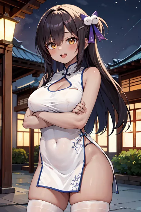 masterpiece, best quality, ultra-detailed, extremely detailed,illustration, 1girl, solo, aanaga, long hair, one side up, hair ornament, hairclip, (dark skin:1.3), china dress, pelvic curtain, bare arms, clothing cutout, white thighhighs, large breasts, thi...