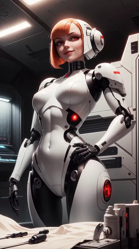 <lora:TheEmpireStyle:1> TheEmpireStyle, white, a muscular female cyborg ( 8 0 % machine, 2 0 % human ) with glowing red eyes and an evil smile, repairing herself, science fiction themed, pixiv, vector art, hi-tech plastic , retro futurism