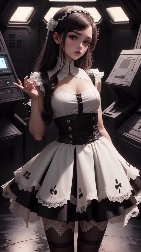 <lora:TheEmpireStyle:1> TheEmpireStyle, white, girl donning a skirt made entirely from layered lace doilies, hi-tech plastic