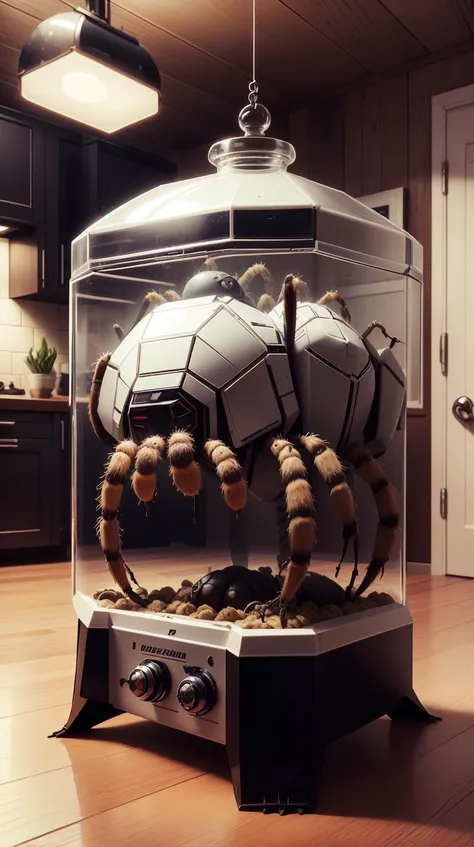 <lora:TheEmpireStyle:1> TheEmpireStyle, white, large tarantula in a decorated terrarium at a pet lovers house, hi-tech plastic , retro futurism