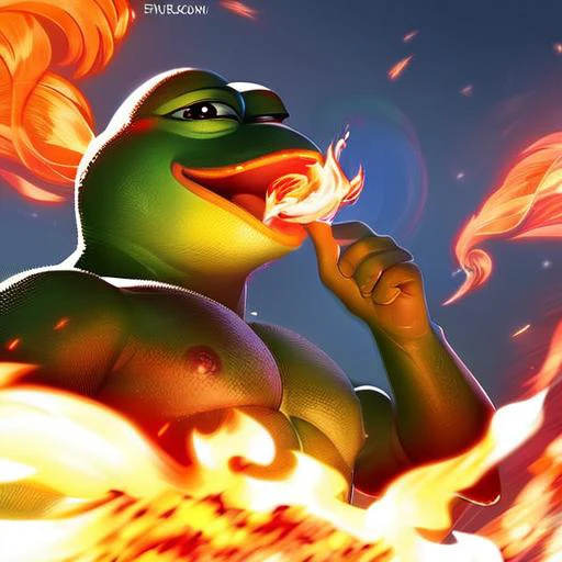 FireBreath,masterpiece,absurd resolution,dinamic lights,score_9, score_8_up, score_7_up, score_6_up, score_5_up, score_4_up,, <lora:FireBreath:1> breathing fire, pepe the frog , solo,1man,frog,open mouth, male, muscular, solo <lora:ponydiffusionv6_pepethef...