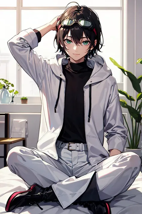 <lora:LotusPosition:0.75> LotusPosition, Lotus position,, absurdres, ultra detailed, masterpiece, best quality, aesthetic, detailed,, ultra detailed, masterpiece, best quality, solo, smile, 1boy, green eyes, short hair, black hair, bangs, hair between eyes...