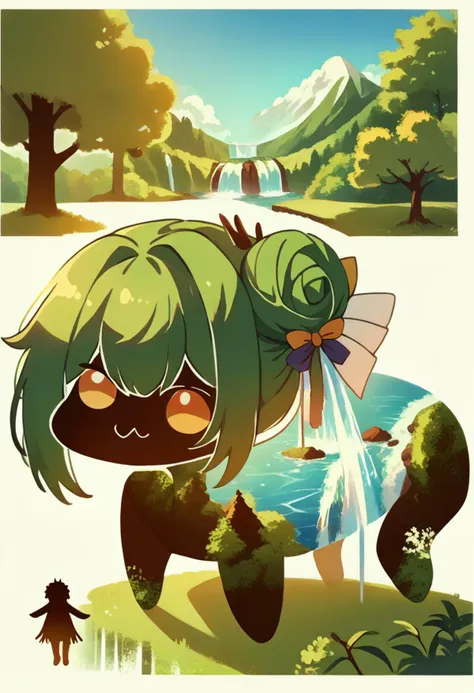 a cartoon girl with green hair and a bow is standing in front of a waterfall