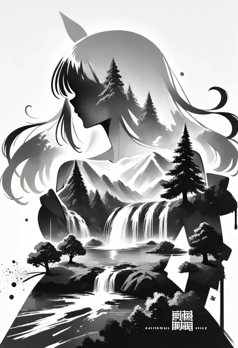 a black and white illustration of a woman with long hair standing in front of a waterfall