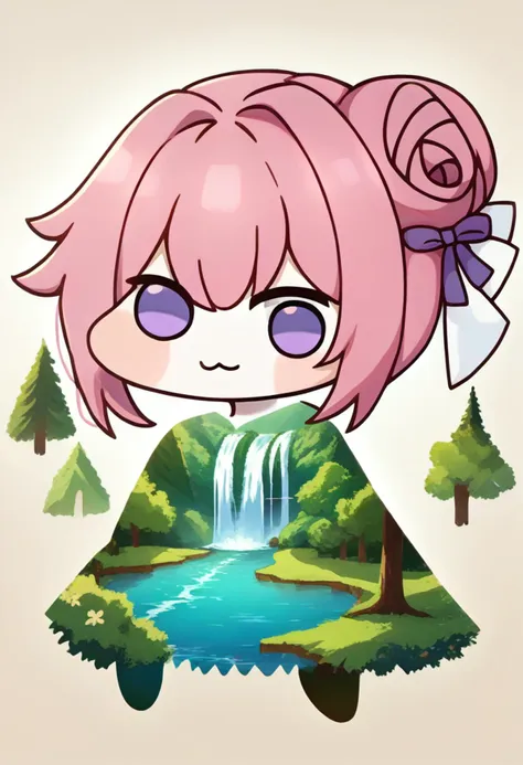 a cartoon girl with pink hair and a pink dress stands in front of a waterfall