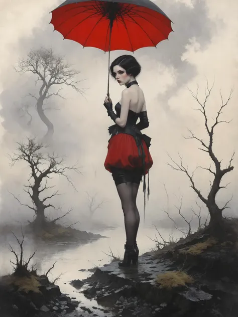 painting of a woman in a red dress holding an umbrella