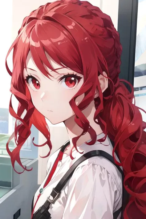 anime girl with red hair and red eyes looking out a window