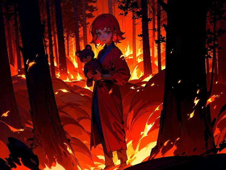 illustration, silhouette, <lora:annie-000037:0.8> annie (league of legends), standing, scared face, beautiful face, detailed face, full body, holding a teddybear, short hair, forest fire, burning house, red and black, warm colors, colorful, dark atmosphere...