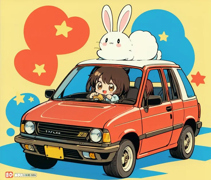 anime characters in a car with a rabbit on top of it