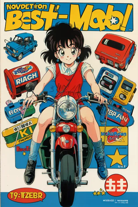 a close up of a magazine cover with a girl on a motorcycle