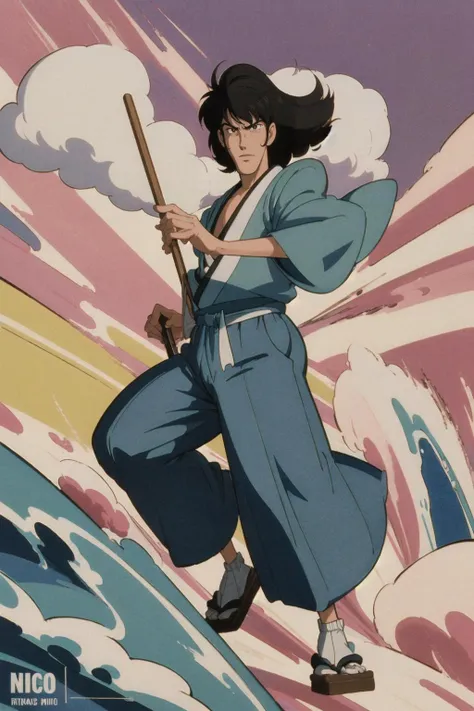 anime character in blue outfit holding a stick on a wave