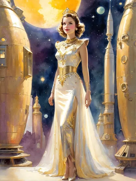 Watercolor painting of old pulp scifi novel cover of an exquisite girl in a science fiction princess dress with delicate gold metal decorations, light smiling, She stands there looking away, full body shot, dynamic angle <lora:EnvyPulpScifiXL:1>, Vibrant, ...