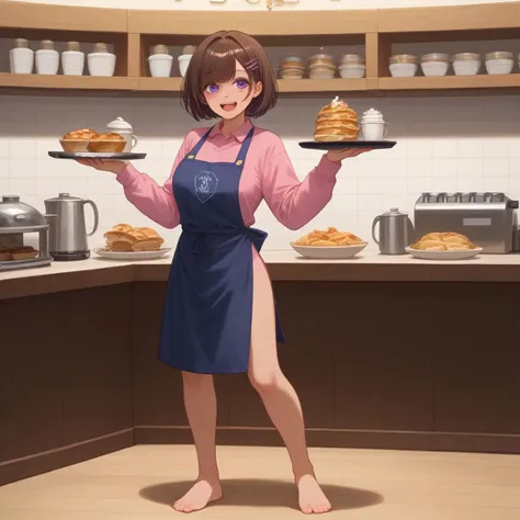 anime girl holding a tray of pancakes in a kitchen