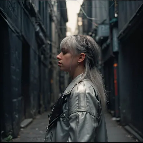 a close up of a person standing in a narrow alley