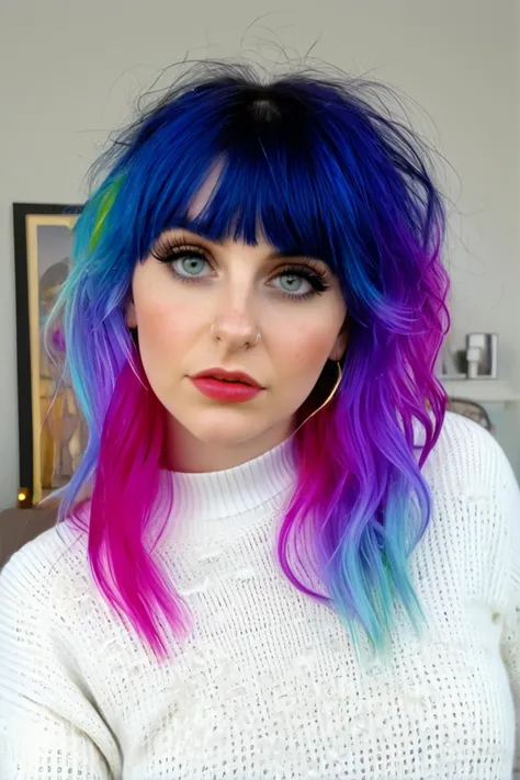 beautiful girl with vivid rainbow colored hair, (wolfcut:1.1), very long hair,  layered hair, (bangs:0.7),  (disheveled:1.3),
ar...