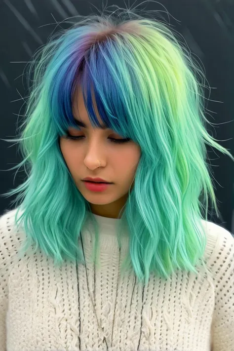 beautiful indian girl with vivid rainbow colored hair, (wolfcut:1.1), very long hair,  layered hair, (bangs:0.7),  (disheveled:1...