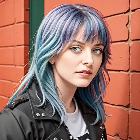 arafed woman with blue hair and black jacket standing in front of a brick wall