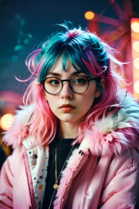 a nerdy girl wearing glasses with blemished skin and multicolored hair, (wolfcut:1.1), very long hair,  layered hair, (bangs:0.7...