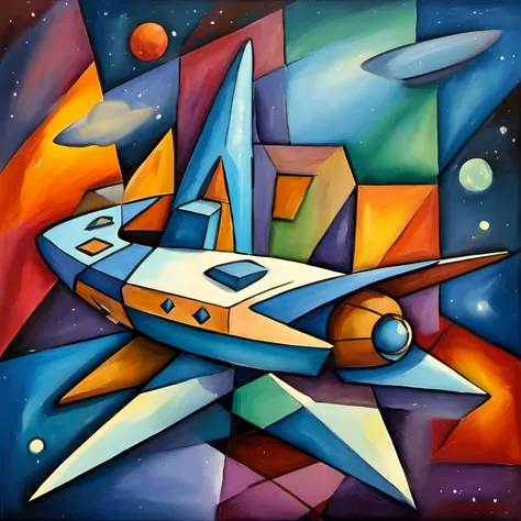 painting of a colorful space ship with a city in the background