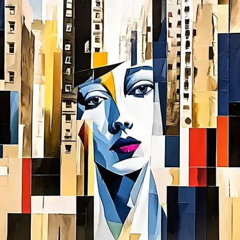 painting of a woman's face in a city with buildings