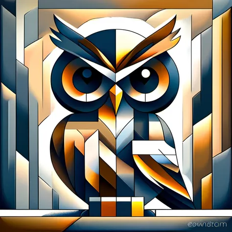 painting of an owl with a geometric background and a golden frame