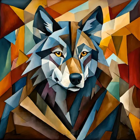 a painting of a wolf with a geometric pattern on it