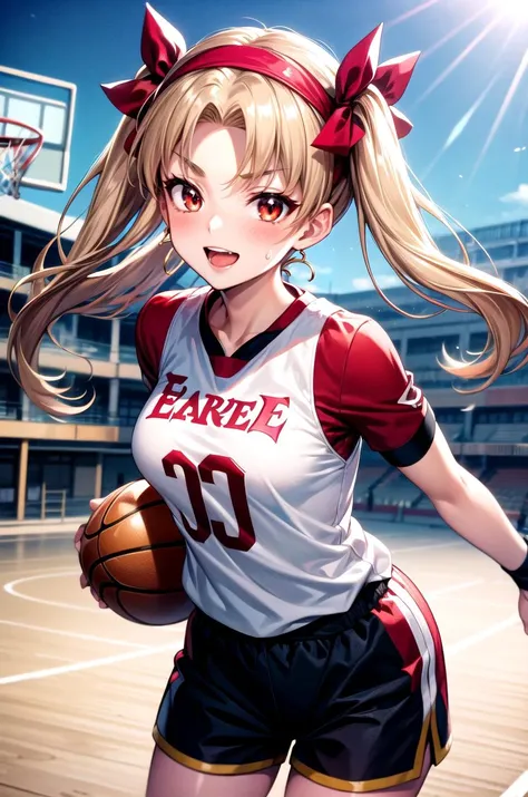 (masterpiece, best quality, detailed), 1girl, solo, looking at viewer, Ereshkigal, two side up, hair ribbon,
basketball jersey, shorts, sweatband, headband, wristband, basketball, <lora:school_yard_v0.1:1>, school yard, field, fisheye, leaning forward, han...