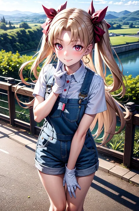 (masterpiece, best quality, detailed), 1girl, solo, looking at viewer, Ereshkigal, two side up, hair ribbon,
overalls, short sleeves, white gloves, green shirt, outdoors, house, rural, village, scenery, path, river, bridge, leaning forward, adjusting hair,...