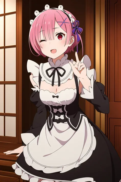 ;d,one eye closed,
<lora:ä»é¶åé4V-000007:0.8>,1girl,maid,æå§,purple hair ribbon,short hair,pink hair,hair over one eye,red eyes,x hair ornament,maid headdress,bangs,shiny hair,hair flower,hair ornament,detached sleeves,apron,ribbon trim,white apro...