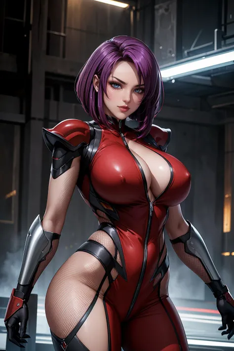 Experience the power of cybernetic prowess with this dynamic photo of a female warrior adorned in crimson armor, her purple hair flowing as she strikes a fierce pose. The fusion of human and machine is evident in her cybernetic enhancements, symbolizing th...