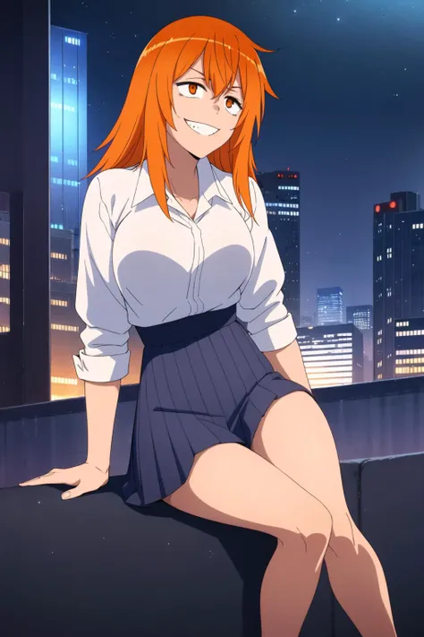 1girl, solo,sitting, cyberpunk cityscape,night city (city), stealth in the city, masterpiece, school uniform, professional artwork, famous artwork, perfect face, orange hair, (orange eyes:1), beautiful face, evil smile, ((perfect female body, narrow waist...