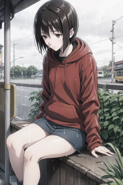 nakahara_misaki, (red hoodie:1.1), solo, denim skirt, hood up, outdoors, rain, sad, empty eyes, cloudy sky, dark, bench, sitting, bus stop, lonely, looking down, wet clothes, wet hair, rural, <lora:merrytail_nakahara-misaki_v10-05:1>