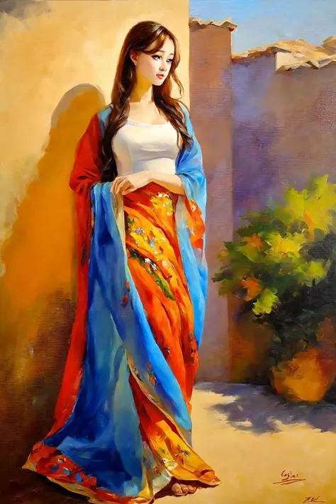 a painting of a woman in a colorful sari