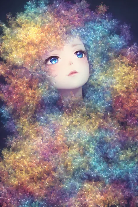 a close up of a doll with a colorful hair and blue eyes