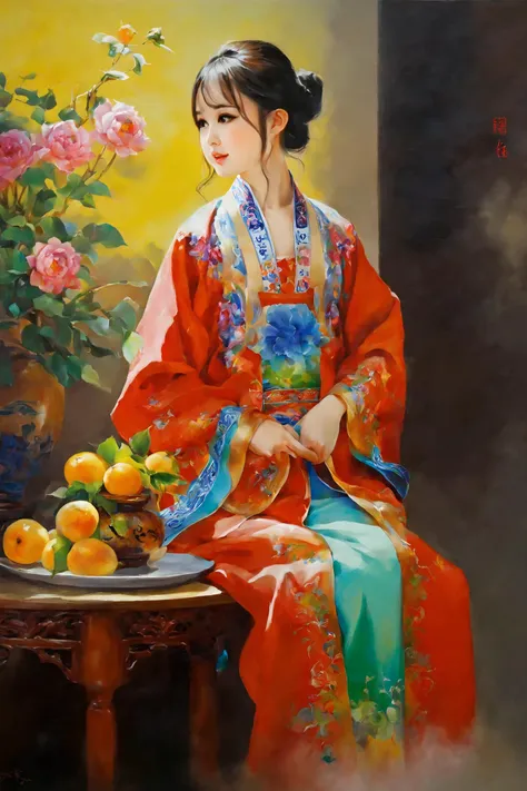 painting of a woman in a kimono sitting on a table with fruit