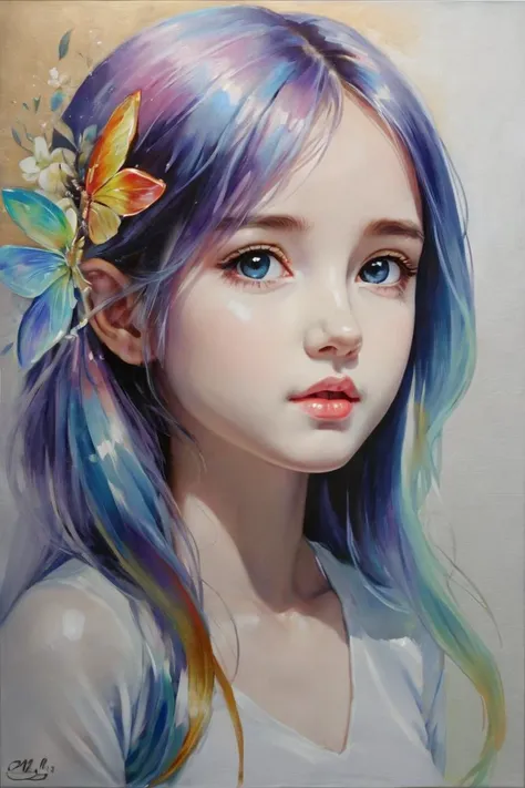 a painting of a girl with blue hair and butterfly in her hair