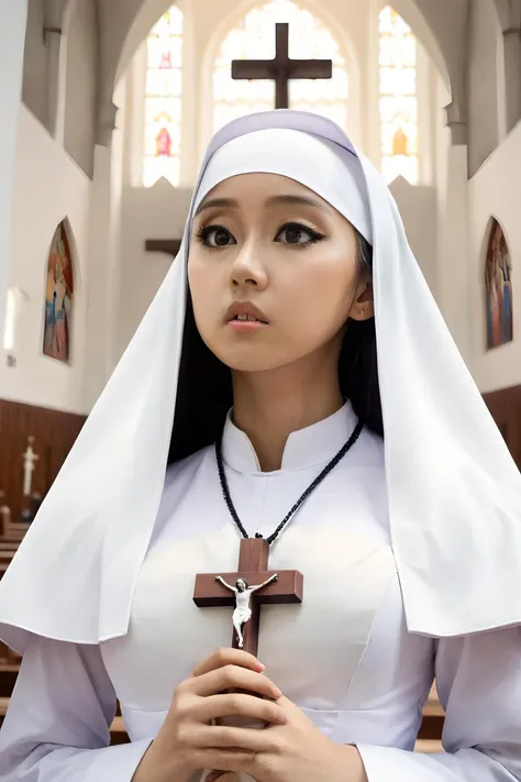 masterpiece, best quality, 1girl,  <lora:kwFemaleBeta42_SDXL_v1:1>, asian, waifu, cleavage,
nun,church,cross,bible