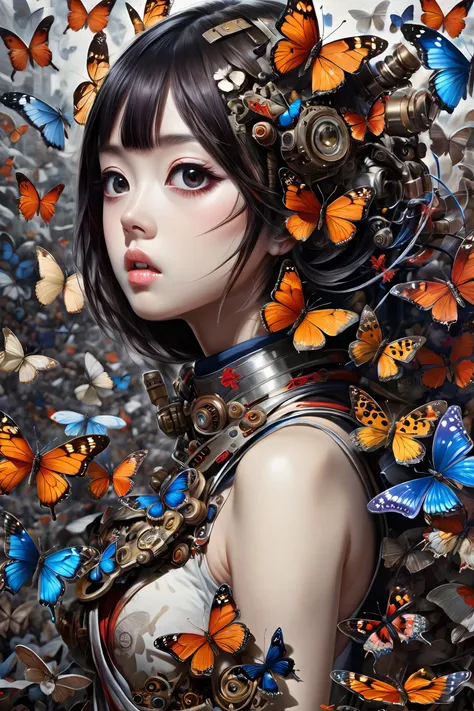 masterpiece, best quality, 1girl,  <lora:kwFemaleBeta42_SDXL_v1:1>, 
Hideyuki Ashizawa, hyperrealistic image depicting a crowded pilgrimage of anthropomorphic biopunk butterflies, bold lines, hyper detailed, cyborg geisha, ghost of the past, present and th...