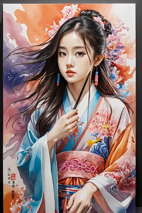 Colorful, multiple colors, intricate detail, splash screen, photorealistic, intricately detailed fluid gouache painting, calligraphy, acrylic, watercolor art,
masterpiece, best quality, 1girl,  <lora:kwFemaleBeta42_SDXL_v1:1>, chinese,waifu