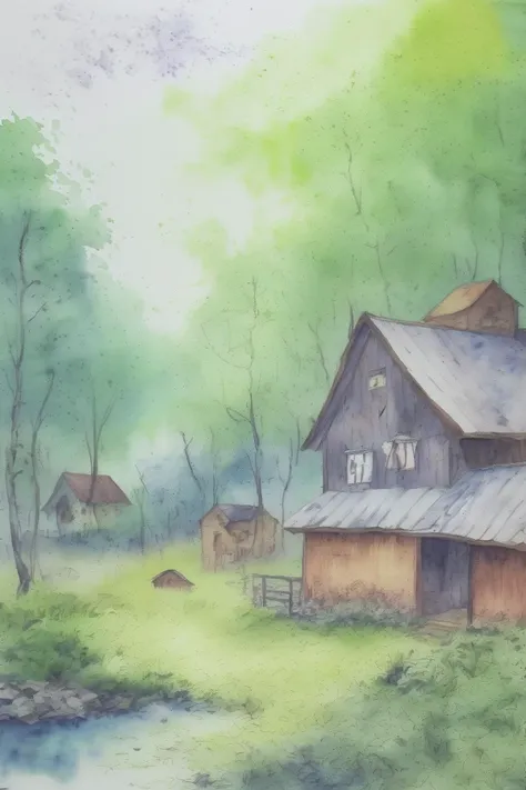 forest, watercolor (medium), landscapes, paintings (medium), traditional media, wooden houses, outdoors,  <lora:Pastel color_20230816152956:0.85>