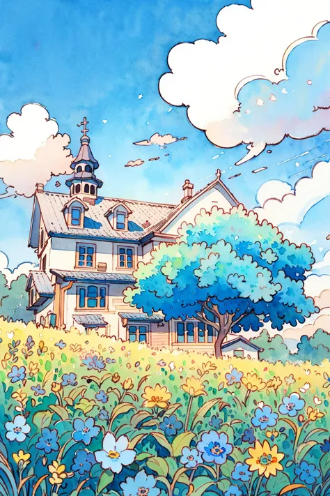 no humans, outdoors, flower, cloud, sky, grass, scenery, house, traditional media, day, painting (medium), blue flower, field, cloudy sky, yellow flower, blue sky, building, watercolor (medium), window, tree,<lora:Pastel color:0.82>