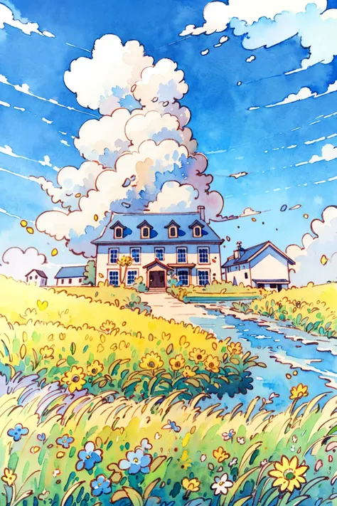 no humans, outdoors, flower, cloud, sky, grass, scenery, house, traditional media, day, painting (medium), blue flower, field, cloudy sky, yellow flower, blue sky, building, watercolor (medium), window, tree,<lora:Pastel color:0.82>