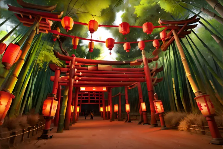 <lora:pastelcolor:0.7>, Tranquil Bamboo Grove with Red Lanterns || masterpiece, 8k, high resolution, shallow depth of field, sharp focus