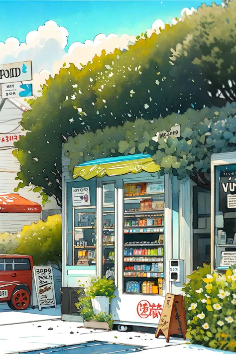 no humans, traditional media, sign, plant, watercolor (medium), painting (medium), english text, outdoors, vending machine, door, scenery, window, shop, tree,<lora:Pastel color:0.82>