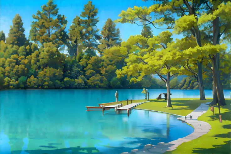 <lora:pastelcolor:0.7>, lakeside, peaceful shoreline, towering trees, idyllic setting || masterpiece, 8k, high resolution, shallow depth of field, sharp focus