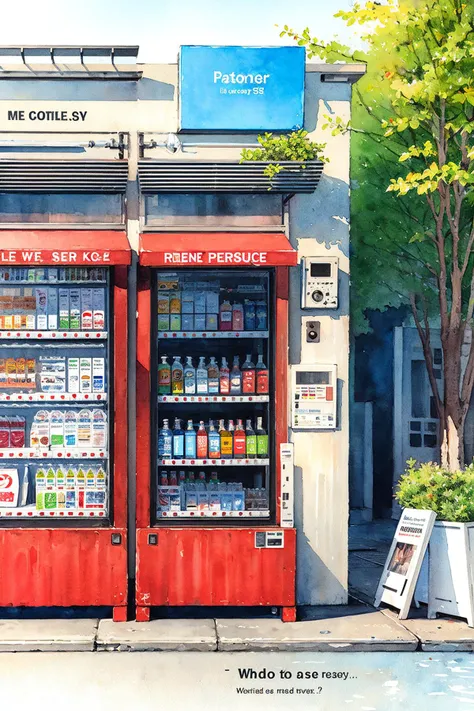 no humans, traditional media, sign, plant, watercolor (medium), painting (medium), english text, outdoors, vending machine, door, scenery, window, shop, tree,<lora:Pastel color:0.82>