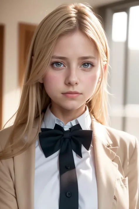 arafed woman with long blonde hair wearing a suit and a bow tie