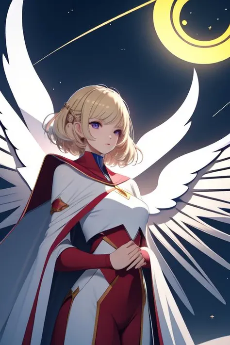 a woman in a red cape and white cape with wings